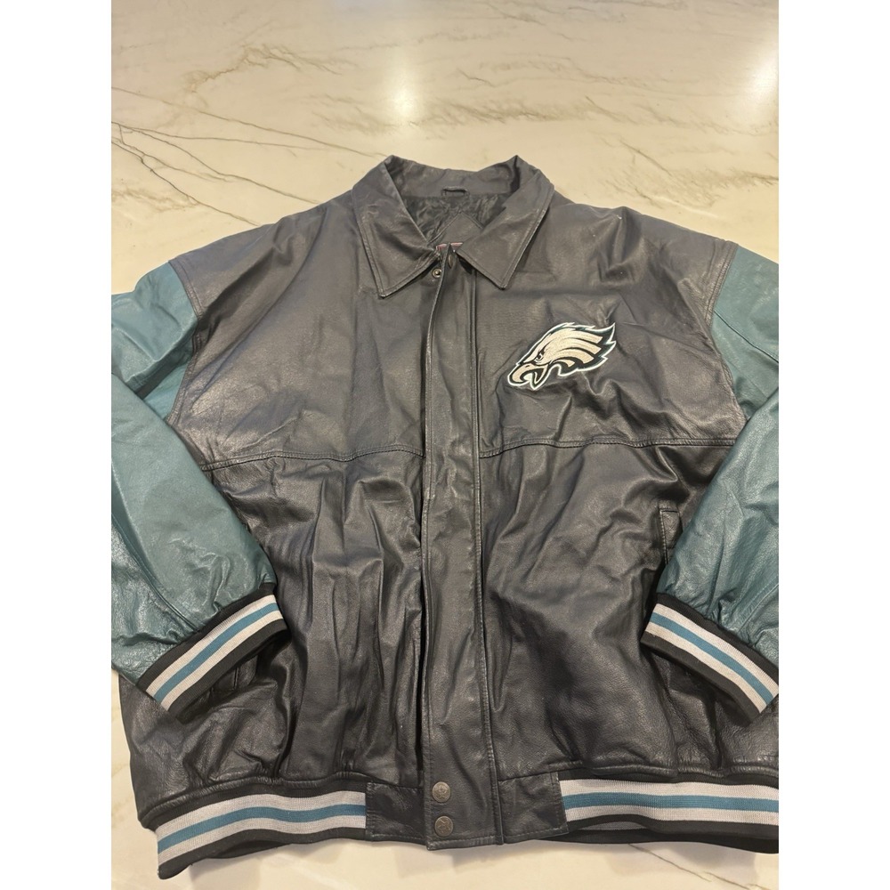 Vintage Philadelphia Eagles Genuine Leather Jacket XXL Essex NFL Black Teal 90s